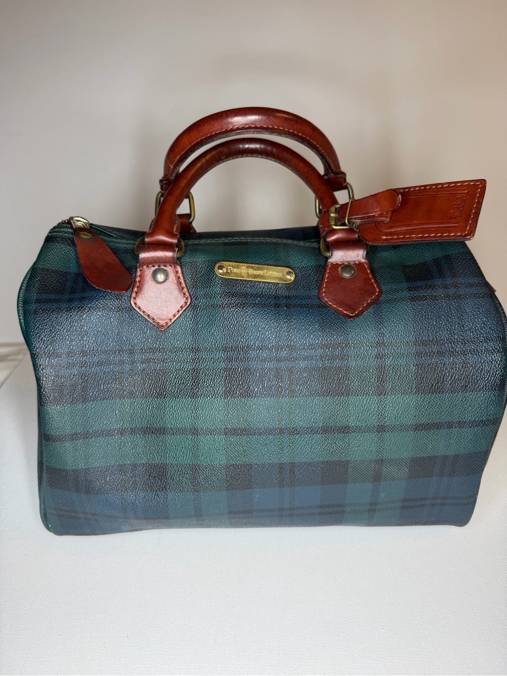 Ralph Lauren Green and Blue plaid Boston Bag with Brown Leather Trim